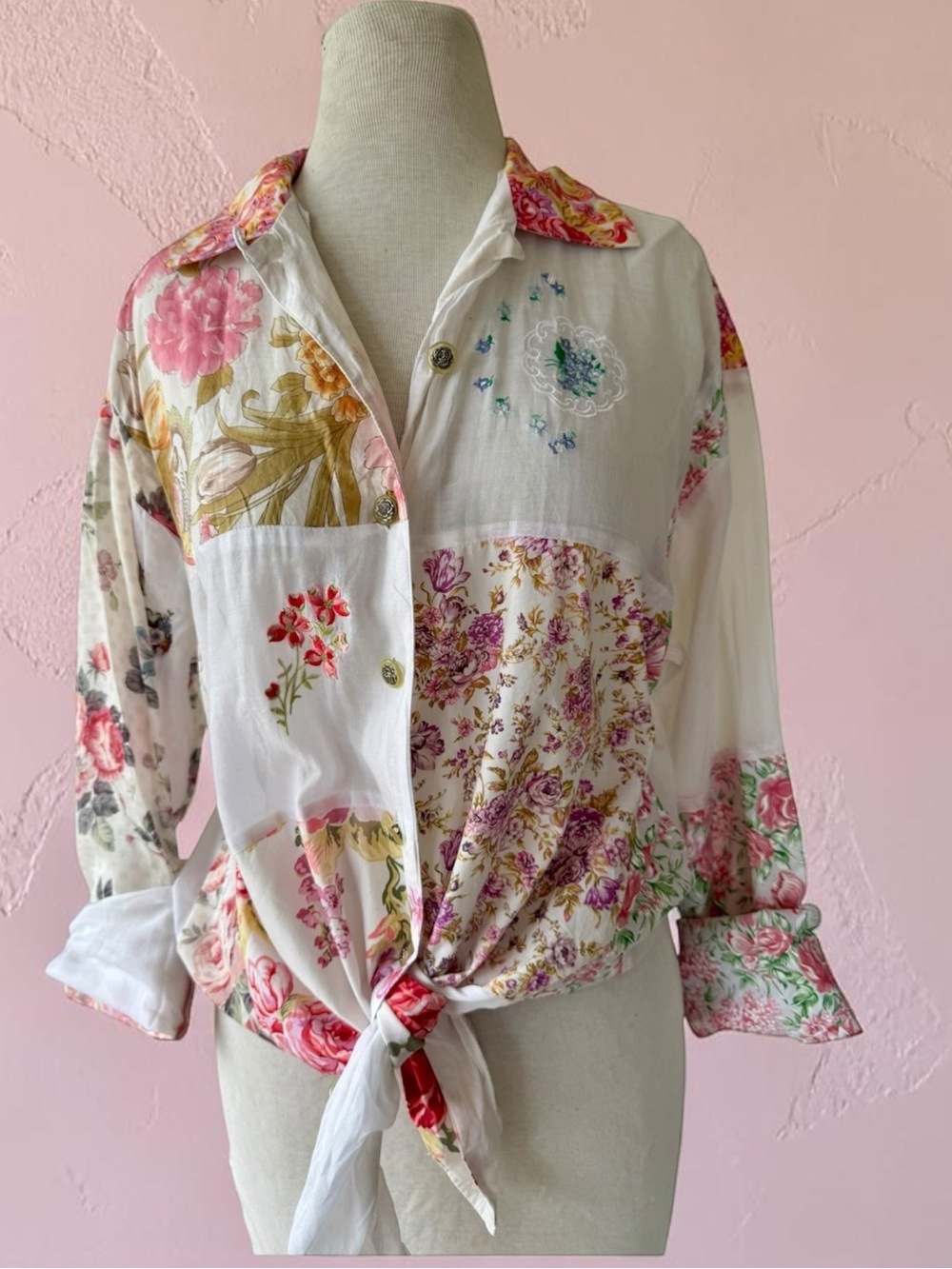 Vtg 90s Ice Pink Patchwork Floral Embroidered Sheer Top Sz M Shabby